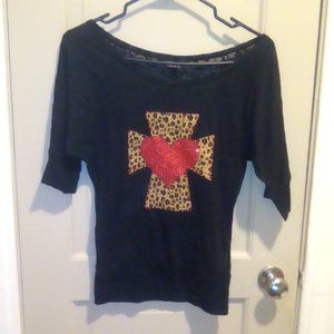 Juniors Medium Black Sheer Chettah Cross & Heart Shirt